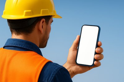 Construction Worker Holding a Phone Against a Clear Sky