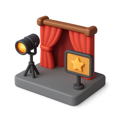 Isometric 3D Backstage Icon with Curtains and Spotlight