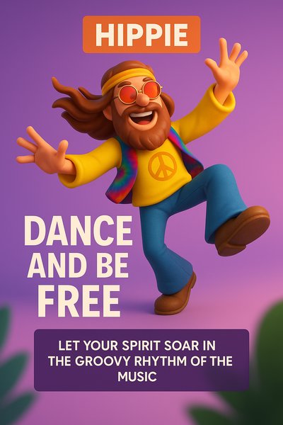 Playful 3D Hippie Character Dancing with Music Theme
