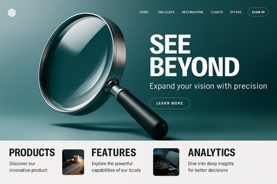 Futuristic Landing Page Design with Magnifying Glass