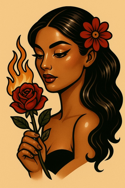 Devilish Temptation: Glossy Tattoo Art with Rose and Flames