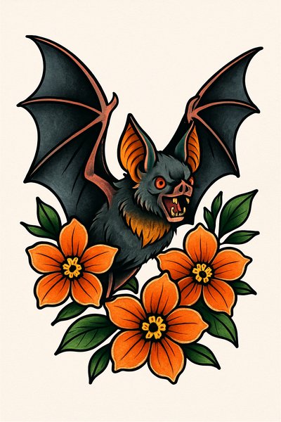 Vibrant Bat and Floral Illustration with Dark Aesthetic
