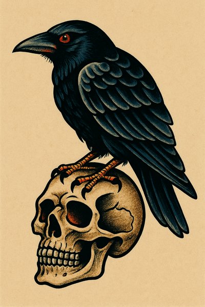 Illustration of a Raven Perched on a Skull