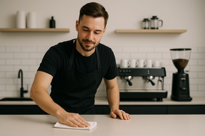 Barista Cleaning Counter in Modern Cafe Setting