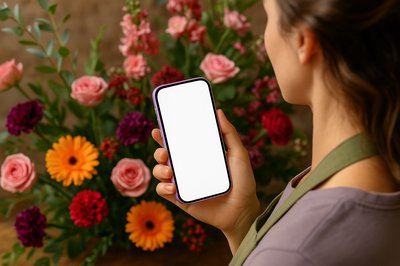 Florist Holding a Purple Phone Among Colorful Flowers