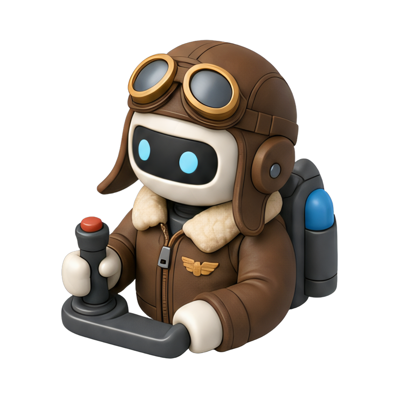 robot pilot wearing aviator cap