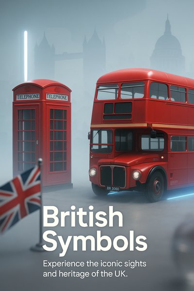 Iconic British Symbols Featuring Red Bus and Telephone Boxes