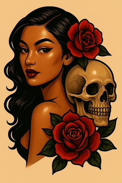 Stylized Tattoo Art of a Woman with Skull and Roses