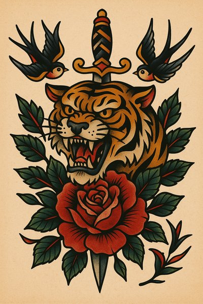 Colorful vintage tattoo design featuring a tiger, sword, and roses
