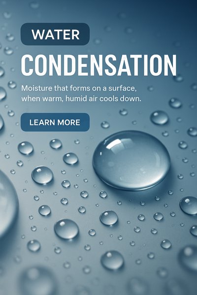 Water Condensation Concept with Droplets and Text Overlay