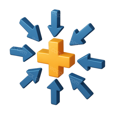 3D Icon of Converging Arrows with Plus Symbol