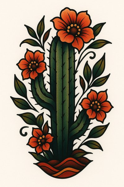 Stylized Cactus Illustration with Floral Elements