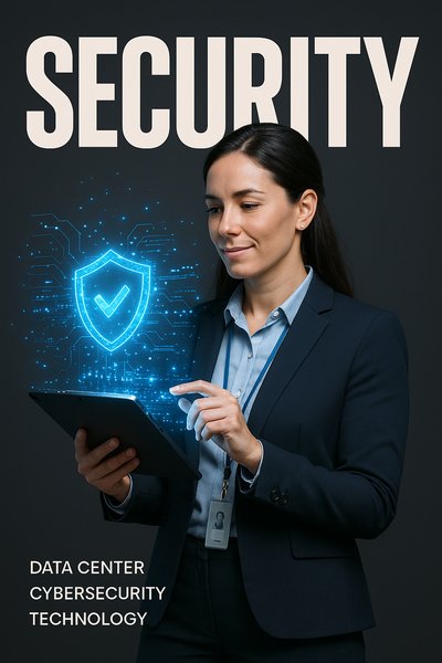 Female Cyber Security Engineer with Tablet in Data Center