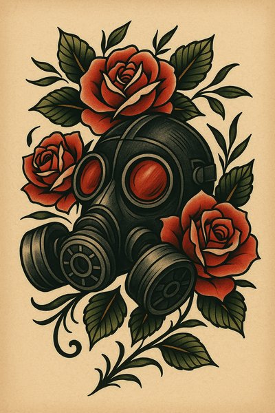 Stylized illustration of a gas mask surrounded by roses