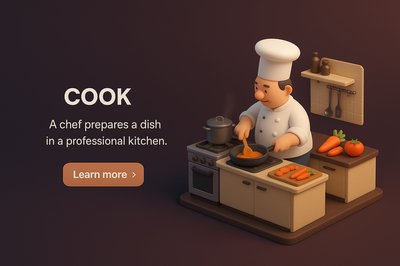 3D Kitchen Scene Featuring a Chef Preparing a Dish