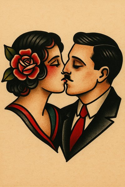 Romantic Vintage Tattoo Style Artwork of a Couple Kissing