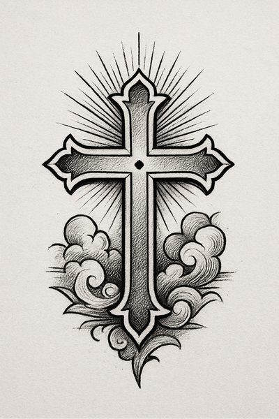 Stylized Cross Illustration with Cloud Elements