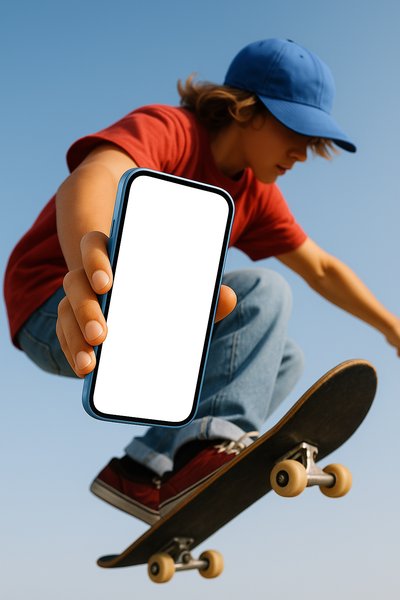 Teen Skateboarder Performing a Jump with a Phone