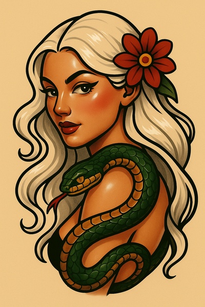 Stylized Woman with Snake Tattoo Art