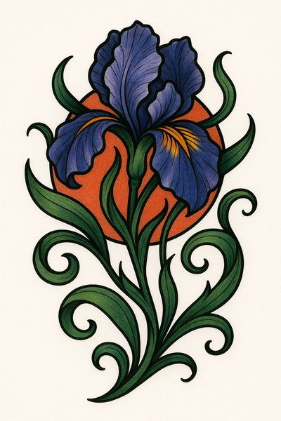 Vibrant Floral Illustration with Iris and Decorative Elements
