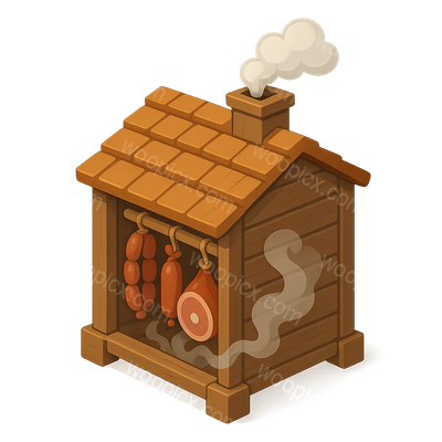 3D Icon of a Smoky Meat House with Sausages