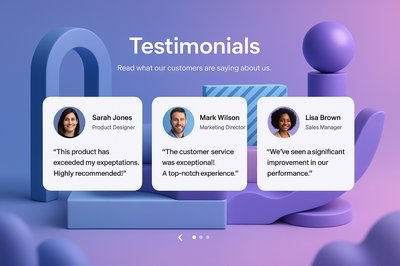Testimonials Section with 3D Illustration and Carousel Navigation