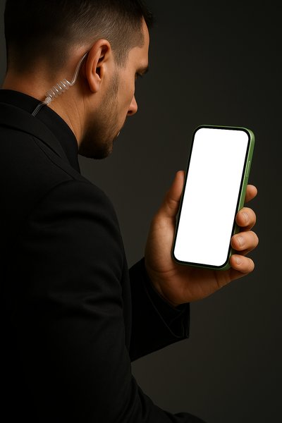 Vigilant Security Guard Holding Green Phone