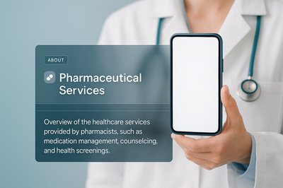 Pharmacist Holding Blue Phone with Healthcare Info Display