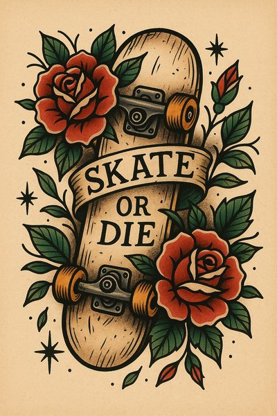 Vintage skateboard tattoo design with roses