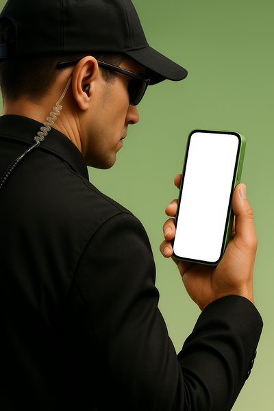 Vigilant Security Guard Holding Green Phone