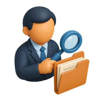 3D Auditor Icon with Files and Magnifying Glass