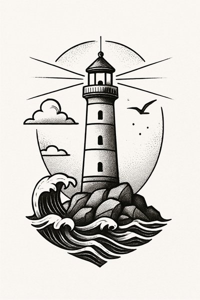 Stylized lighthouse illustration with waves and clouds