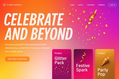 Vibrant Party Landing Page Design with Gold Confetti