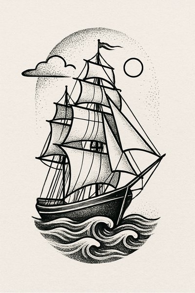 Intricate Vintage Ship Illustration with Waves and Sun