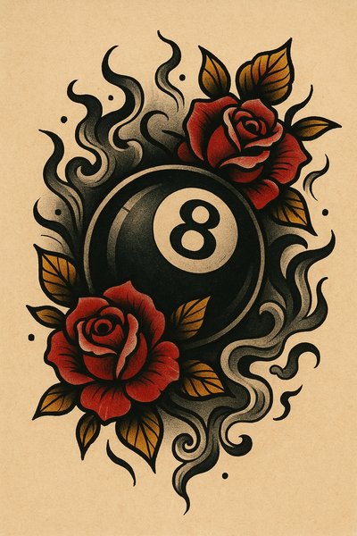 Tattoo Style Illustration of 8-Ball Surrounded by Roses