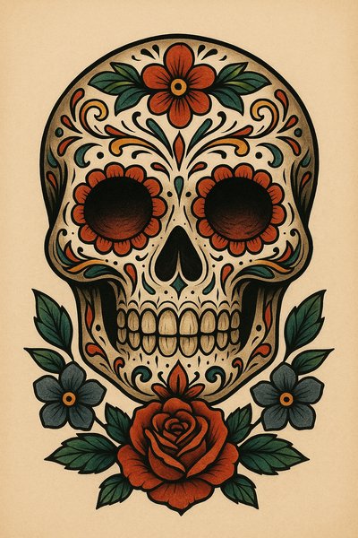 Colorful Day of the Dead Skull Art with Flowers