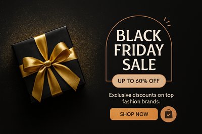 Black Friday Sale Gift Box with Golden Ribbon on Black Background
