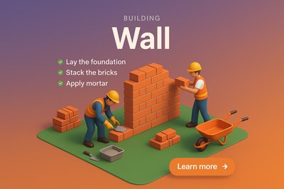 3D Scene of Workers Building a Wall in a Vibrant Setting