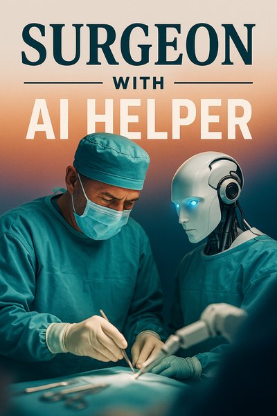 Surgeon Collaborating with AI Assistant in a Medical Setting