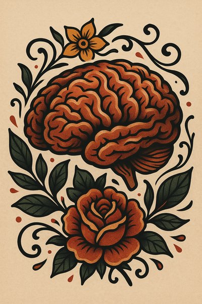 Artistic Illustration of a Brain Surrounded by Floral Elements
