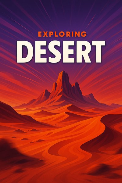 Dynamic Illustration of a Desert Landscape with Bold Typography