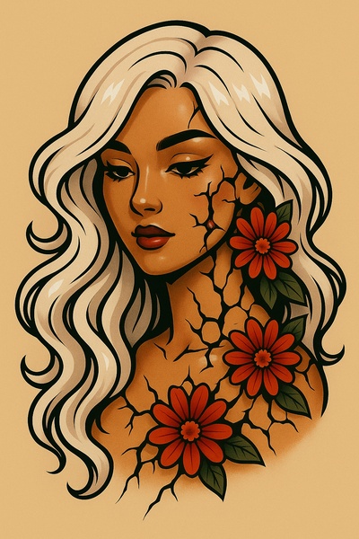 Artistic Representation of a Girl with Floral Tattoos
