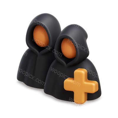 Stylized 3D Cloaked Figures Icon with Orange Details