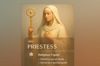 Elegant Priestess Illustration with Informative Overlay