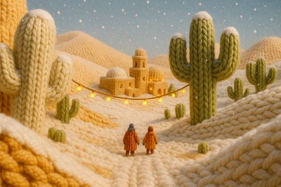 Festive Knit Desert Scene with Figures and Lights