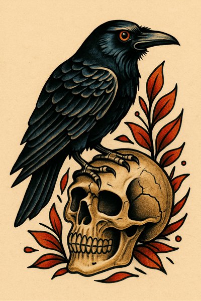 Artistic depiction of a raven on a skull with foliage