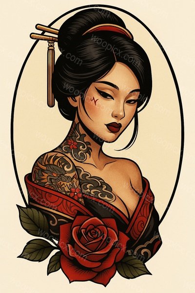 Tattooed Geisha in Kimono with Rose