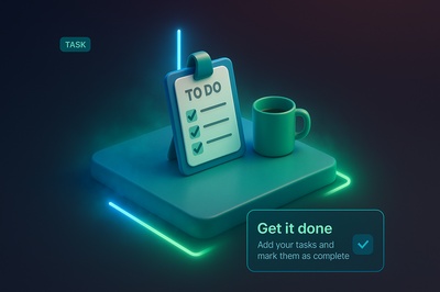 Neon-Themed 3D Scene with Task List and Mug