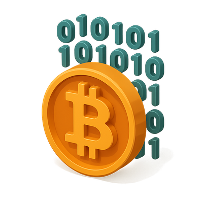 Stylized 3D Bitcoin Icon with Binary Code Background