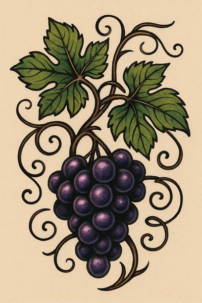 Detailed illustration of grapes with vine and leaves